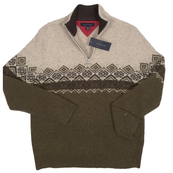 NEW Vintage Tommy Hilfiger Sweater! Oatmeal Tan & Green Snowflake Design SLIM - Picture 1 of 1